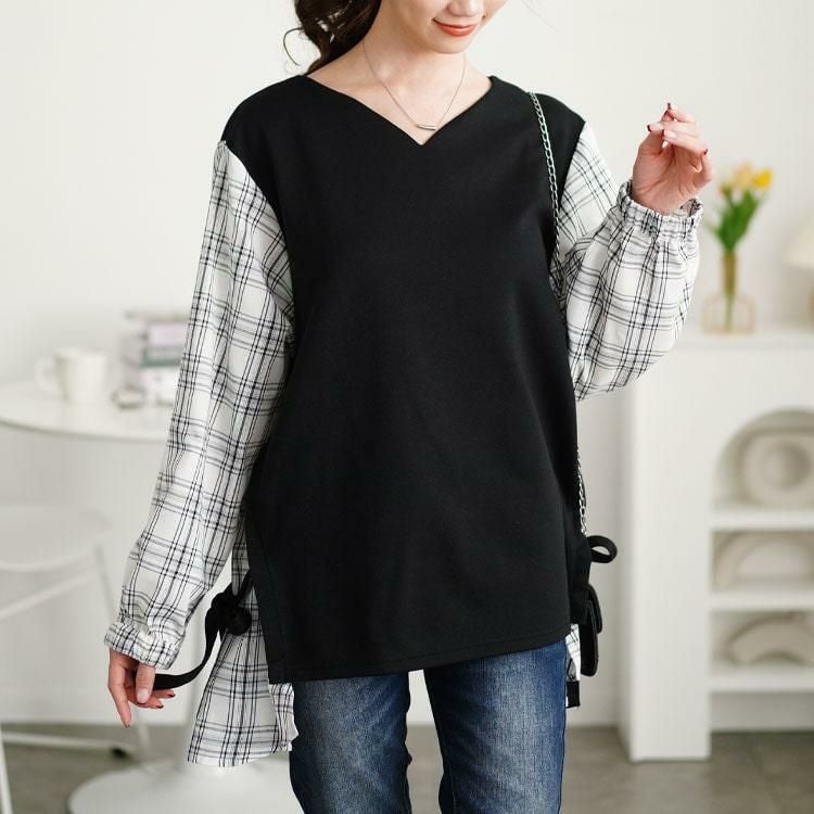 大きいサイズ レディース サイドリボンフェイクレイヤードチュニック　cast-5552011 ブラック