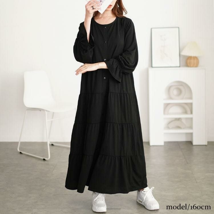 大きいサイズ レディース キャンディスリーブティアードワンピース　cast-5552013 ブラック