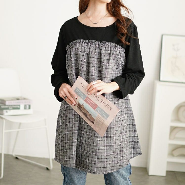 大きいサイズ レディース チェック柄ギャザー切り替えチュニック　cast-5552012 【メール便可】