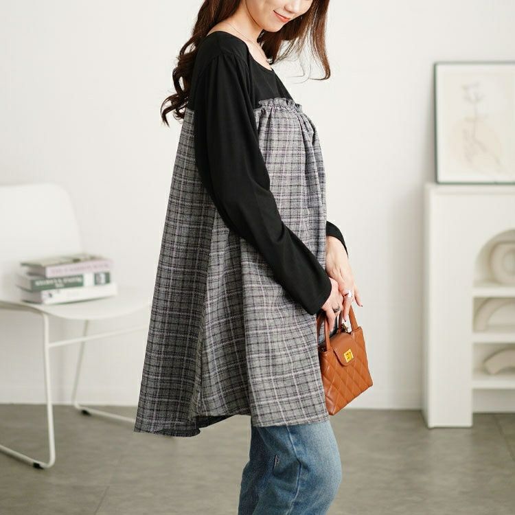 大きいサイズ レディース チェック柄ギャザー切り替えチュニック　cast-5552012 【メール便可】