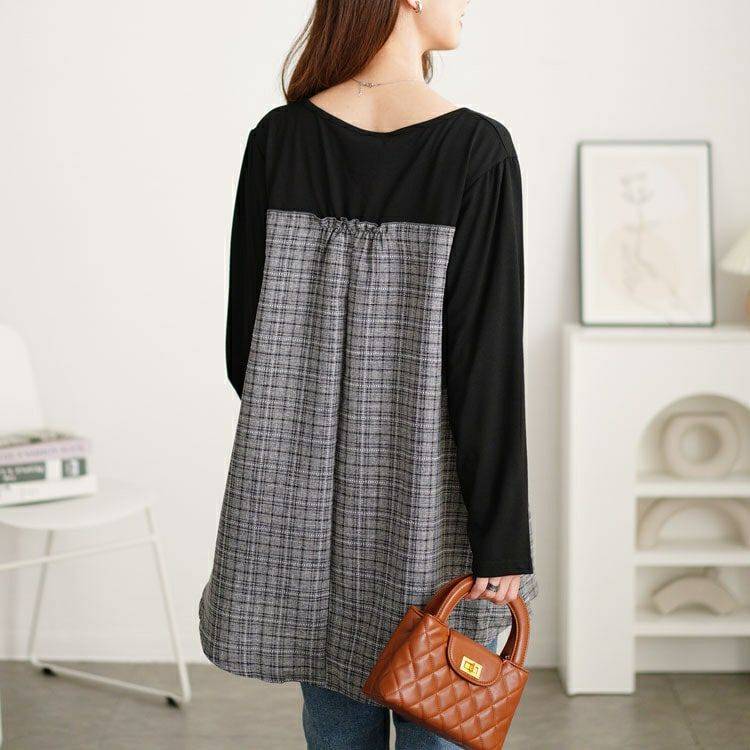 大きいサイズ レディース チェック柄ギャザー切り替えチュニック　cast-5552012 【メール便可】