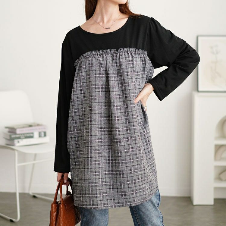 大きいサイズ レディース チェック柄ギャザー切り替えチュニック　cast-5552012 【メール便可】
