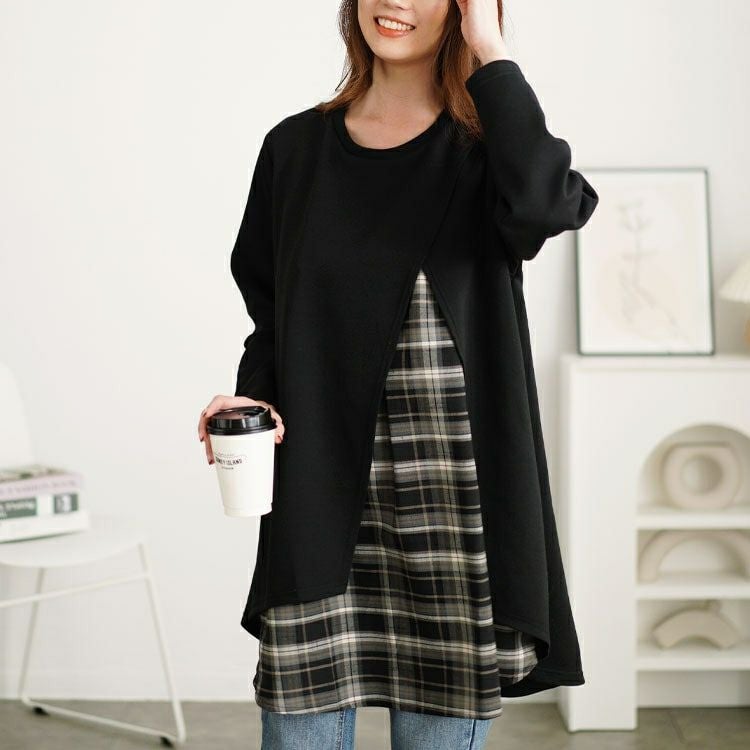 大きいサイズ レディース チェック柄フェイクレイヤードチュニック　cast-5552008