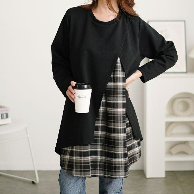 大きいサイズ レディース チェック柄フェイクレイヤードチュニック　cast-5552008