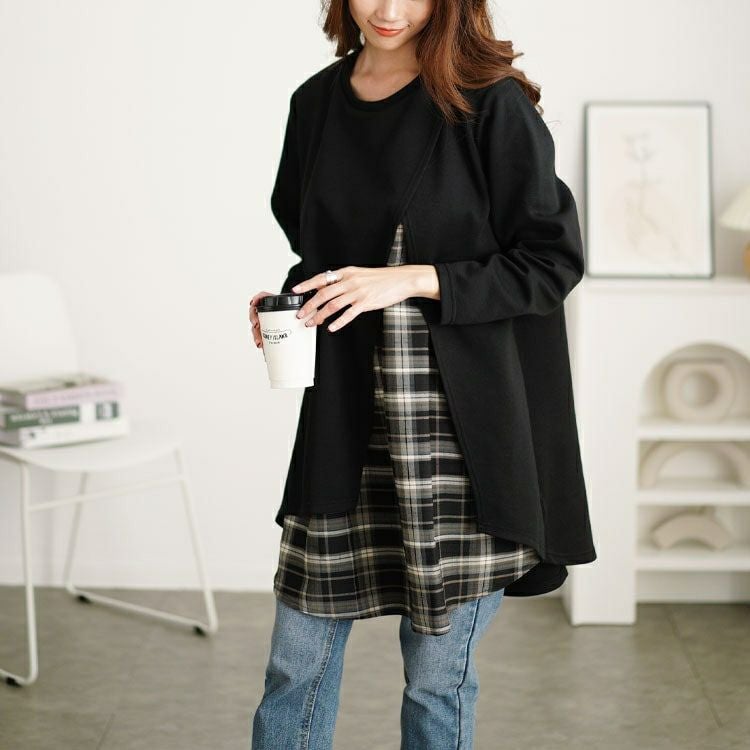 大きいサイズ レディース チェック柄フェイクレイヤードチュニック　cast-5552008