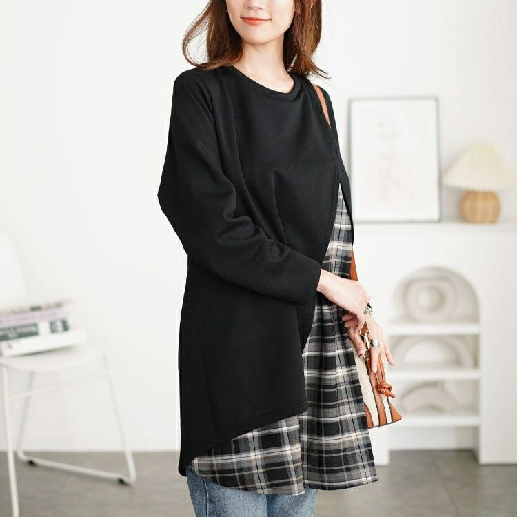 大きいサイズ レディース チェック柄フェイクレイヤードチュニック　cast-5552008