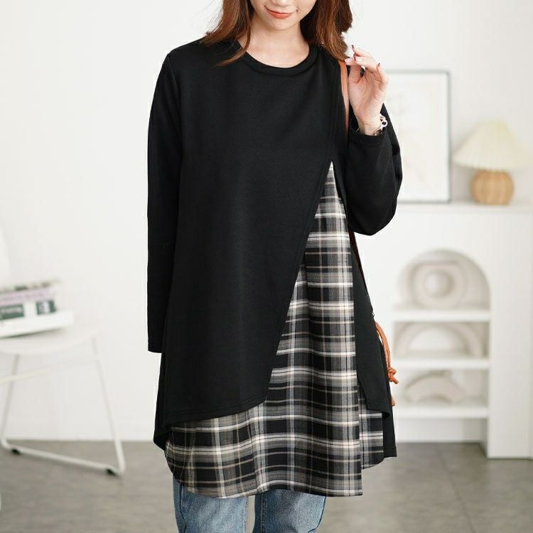 大きいサイズ レディース チェック柄フェイクレイヤードチュニック　cast-5552008