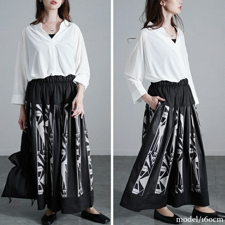 大きいサイズ レディース 幾何学柄タックフレアワイドパンツ　u2-0103