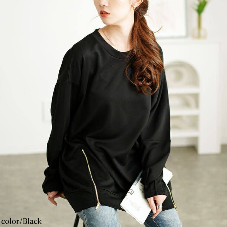 大きいサイズ レディース ZIPスリット袖口タックプルオーバー　maru-30112