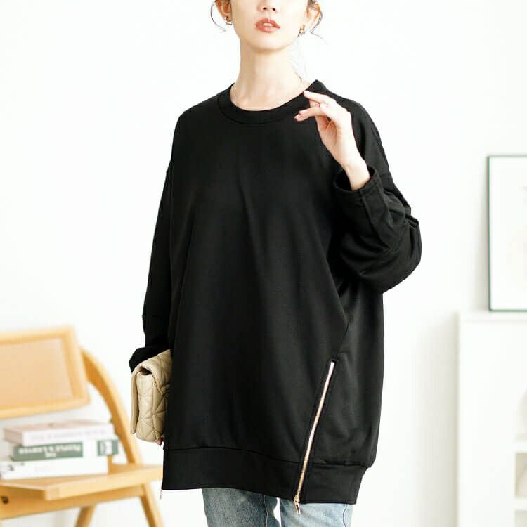 大きいサイズ レディース ZIPスリット袖口タックプルオーバー　maru-30112