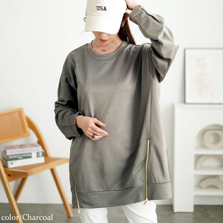 大きいサイズ レディース ZIPスリット袖口タックプルオーバー　maru-30112