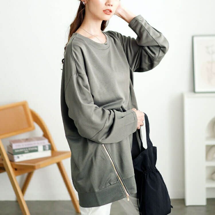 大きいサイズ レディース ZIPスリット袖口タックプルオーバー　maru-30112