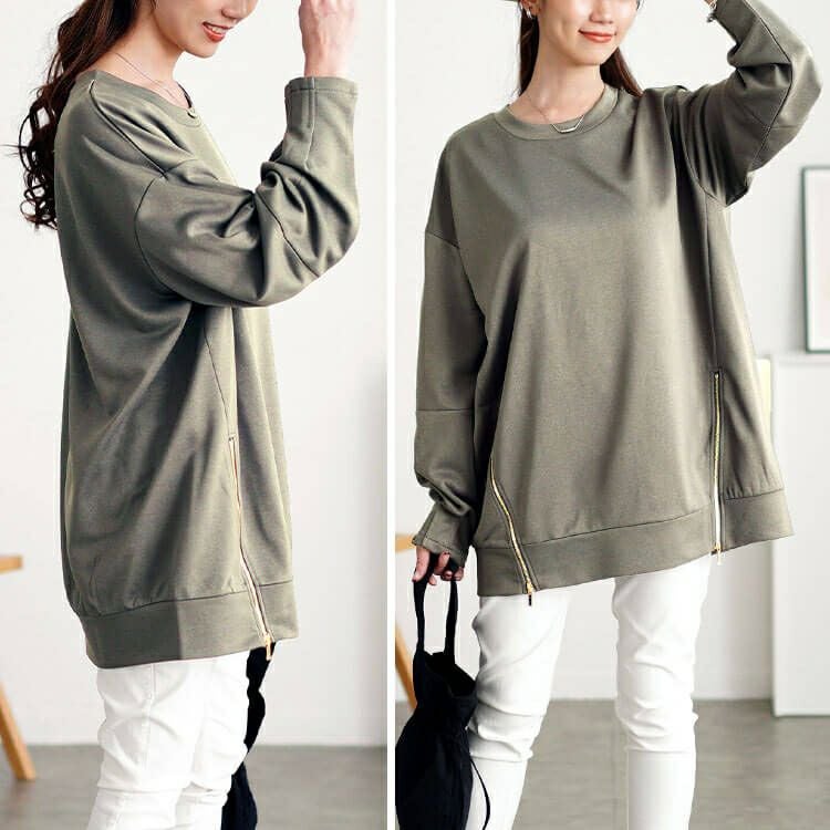 大きいサイズ レディース ZIPスリット袖口タックプルオーバー　maru-30112