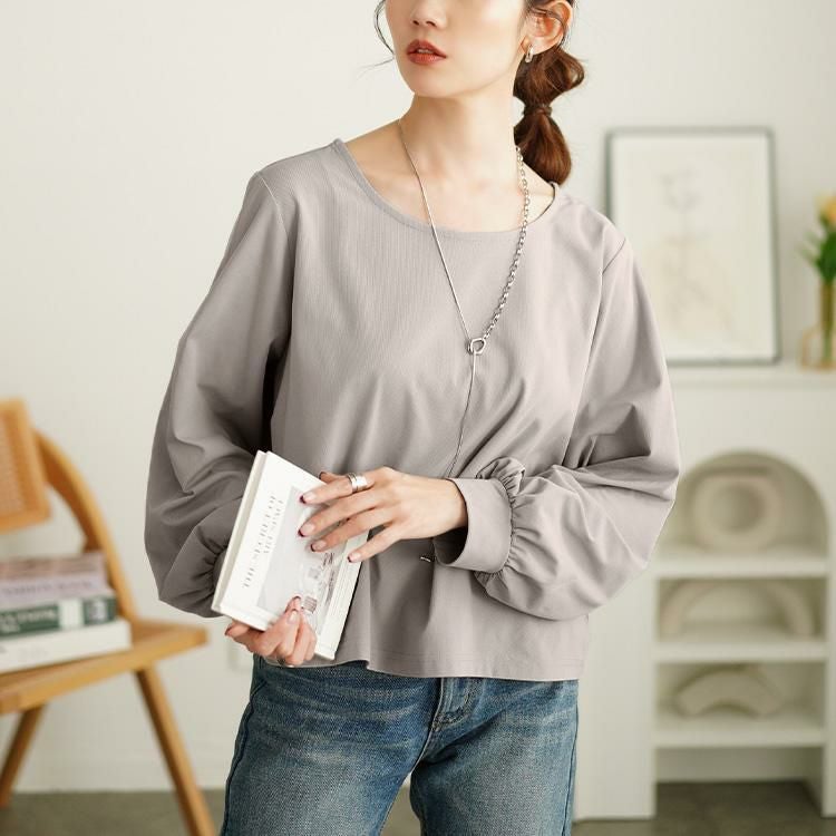 大きいサイズ レディース ボリュームスリーブクロップドプルオーバー　maru-30110 【メール便可】 グレー