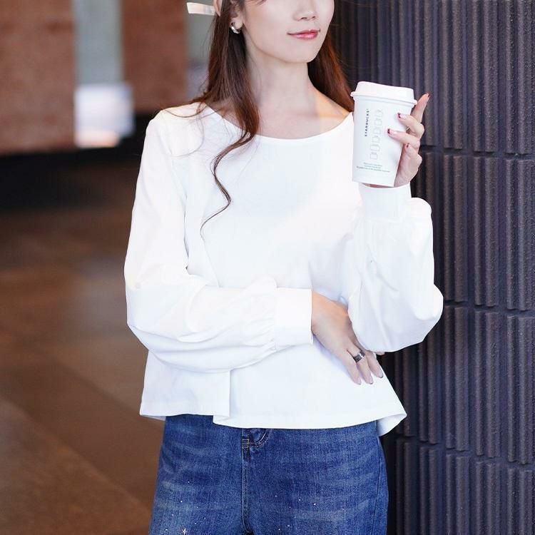 大きいサイズ レディース ボリュームスリーブクロップドプルオーバー　maru-30110 【メール便可】 オフホワイト