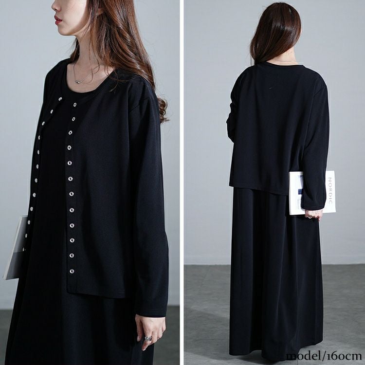 大きいサイズ レディース パールボタンカーディガン＆ノースリーブワンピース2点セット　maru-30108