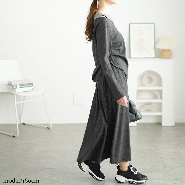 大きいサイズ レディース 重ね着風オフショルトップス＆ロングスカートセット　goldy-1655