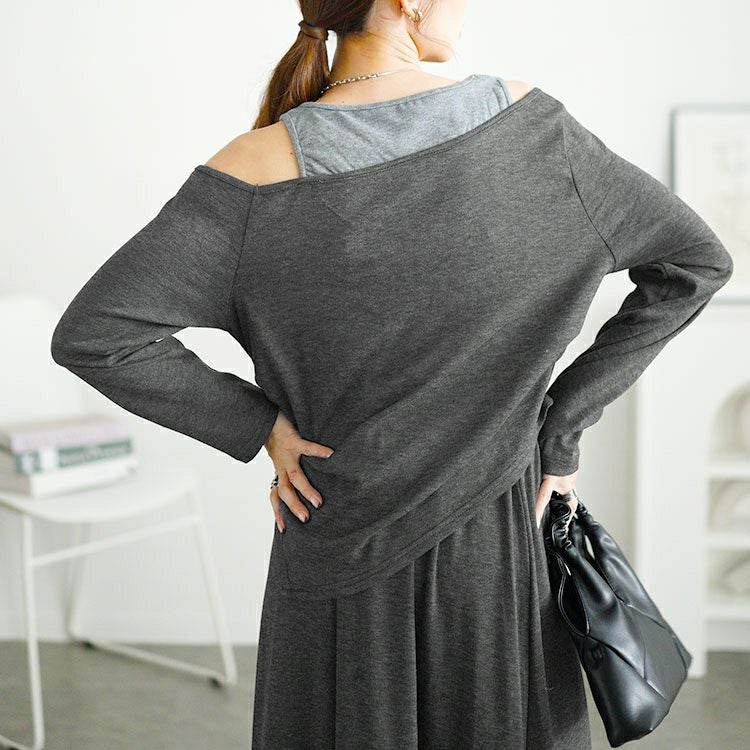 大きいサイズ レディース 重ね着風オフショルトップス＆ロングスカートセット　goldy-1655