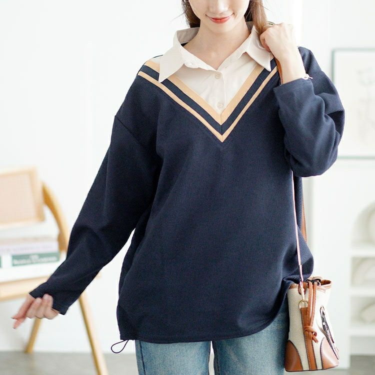 大きいサイズ レディース 裾ドロストVネック重ね着風プルオーバー　goldy-1647