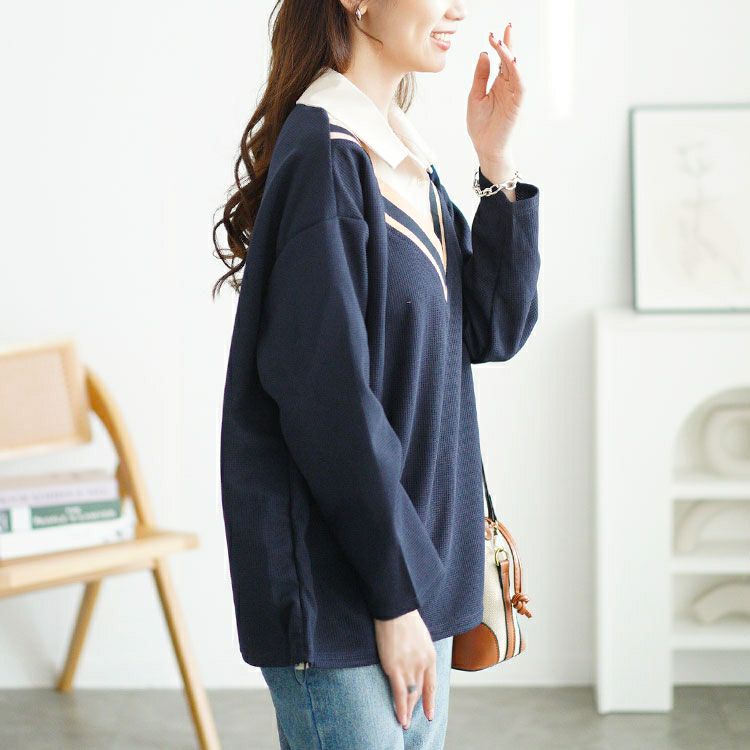 大きいサイズ レディース 裾ドロストVネック重ね着風プルオーバー　goldy-1647