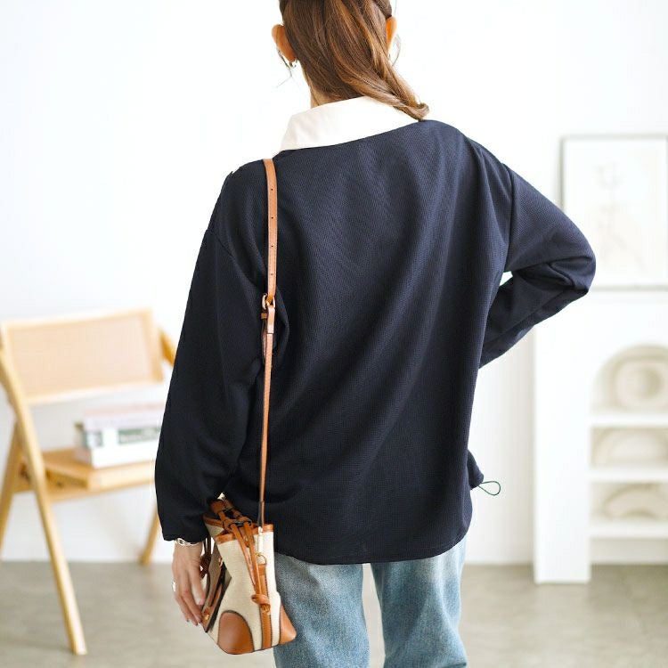 大きいサイズ レディース 裾ドロストVネック重ね着風プルオーバー　goldy-1647