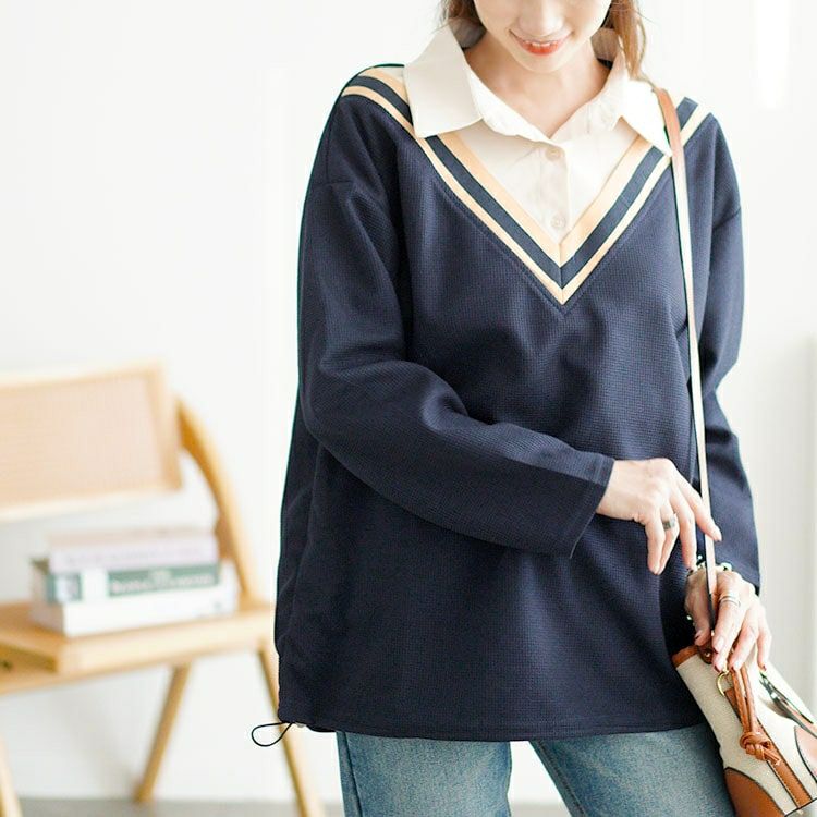 大きいサイズ レディース 裾ドロストVネック重ね着風プルオーバー　goldy-1647