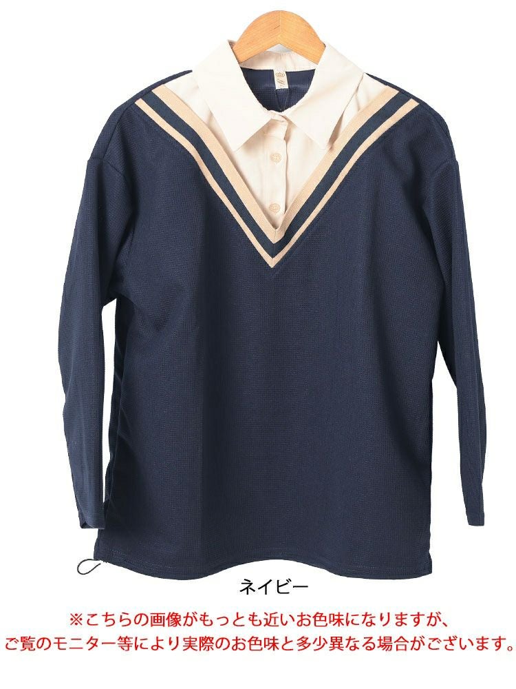 大きいサイズ レディース 裾ドロストVネック重ね着風プルオーバー　goldy-1647