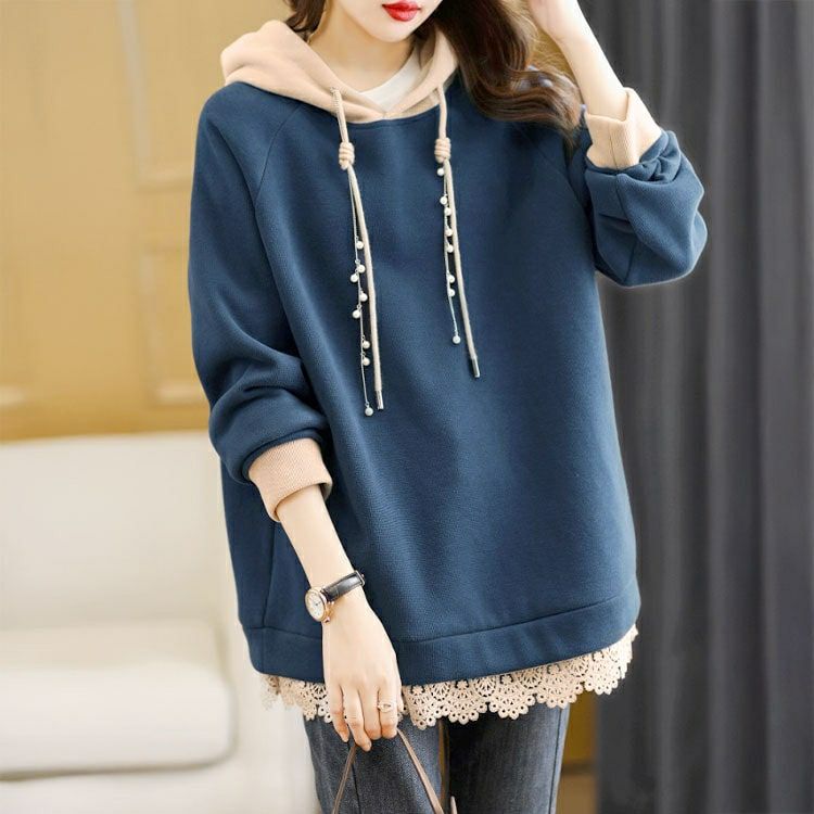 大きいサイズ レディース 裏起毛パールチャーム付きバイカラーパーカー　goldy-1645