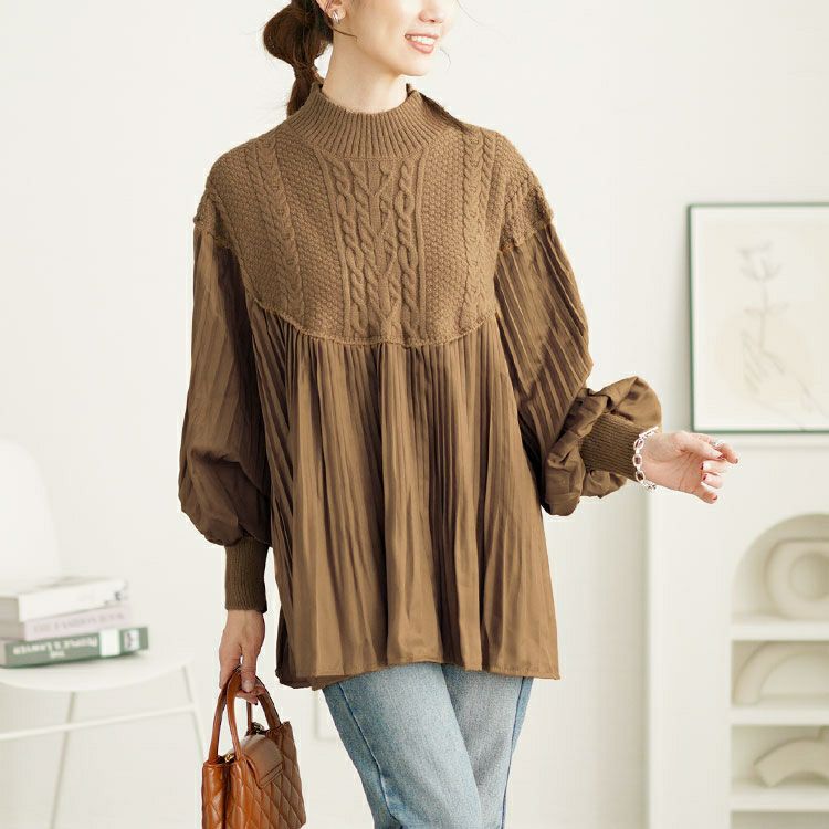 大きいサイズ レディース プリーツ切替えニットトップス　goldy-1643