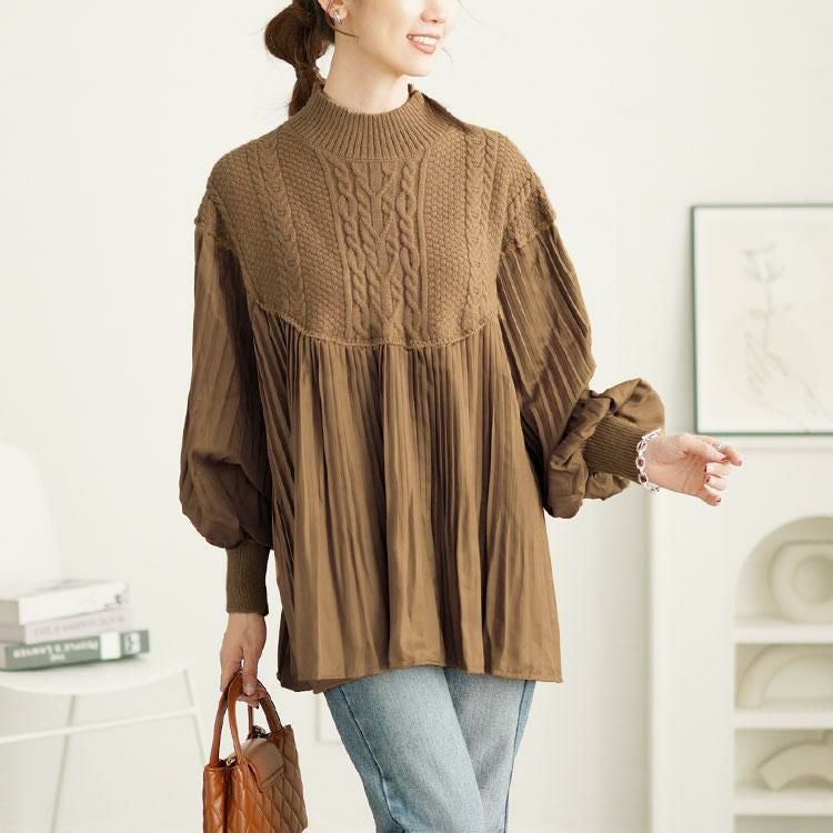 大きいサイズ レディース プリーツ切替えニットトップス　goldy-1643 ブラウン