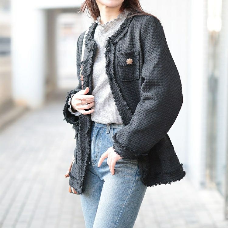 大きいサイズ レディース ノーカラーツイードジャケット　goldy-1636