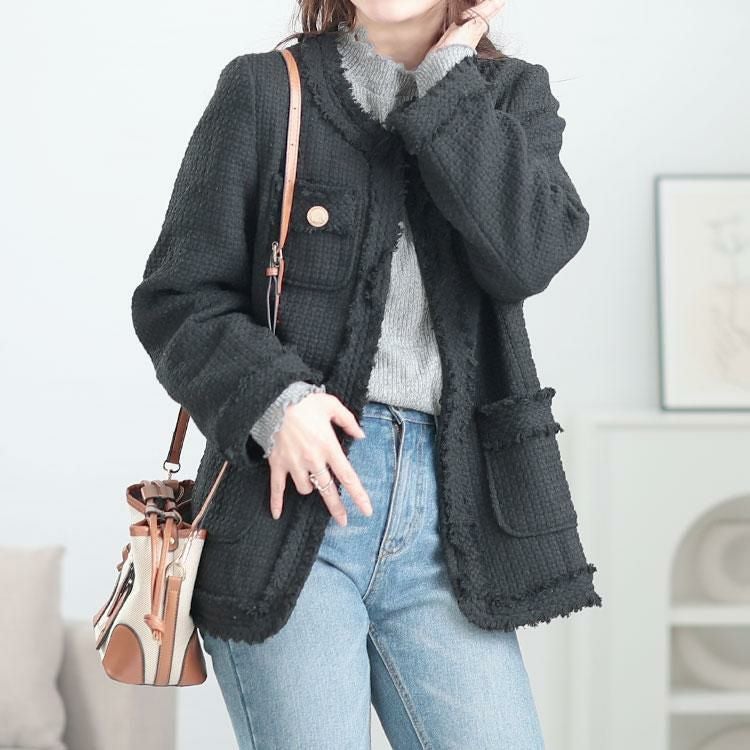 大きいサイズ レディース ノーカラーツイードジャケット　goldy-1636 ブラック