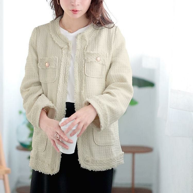 大きいサイズ レディース ノーカラーツイードジャケット　goldy-1636 オフホワイト