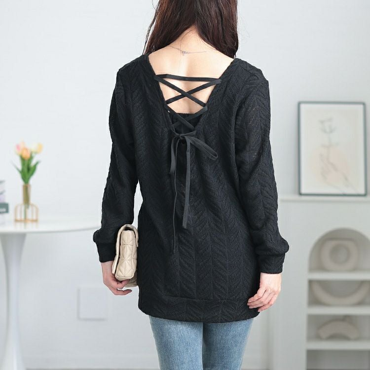 大きいサイズ レディース 後ろレースアップヘリンボーン柄プルオーバー　jp504