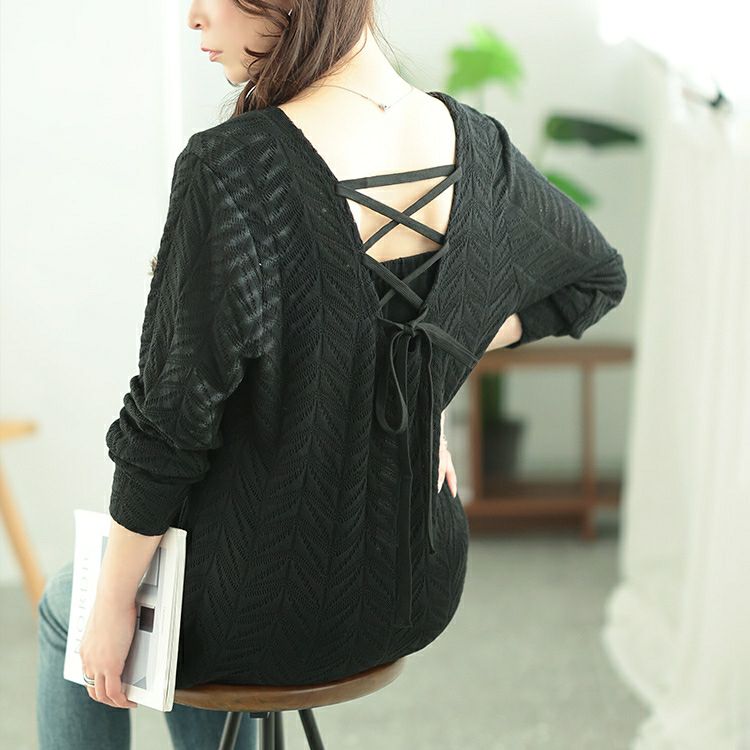 大きいサイズ レディース 後ろレースアップヘリンボーン柄プルオーバー　jp504