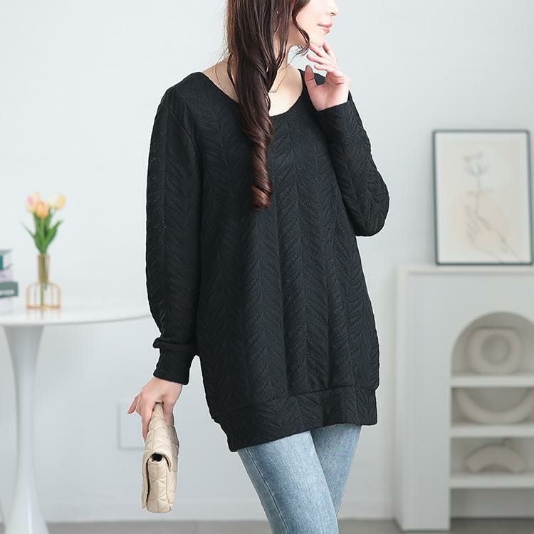 大きいサイズ レディース 後ろレースアップヘリンボーン柄プルオーバー　jp504 ブラック