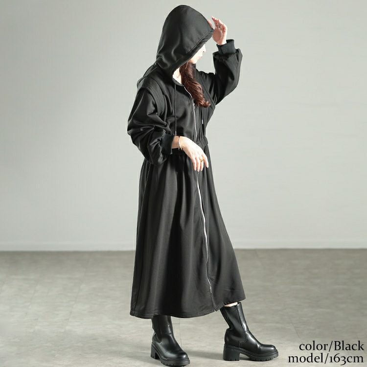 大きいサイズ レディース ウエストギャザーZIPパーカーワンピース　maru-30106