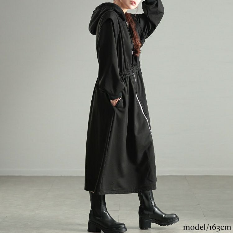 大きいサイズ レディース ウエストギャザーZIPパーカーワンピース　maru-30106