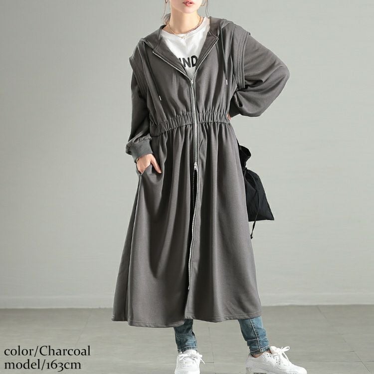 大きいサイズ レディース ウエストギャザーZIPパーカーワンピース　maru-30106
