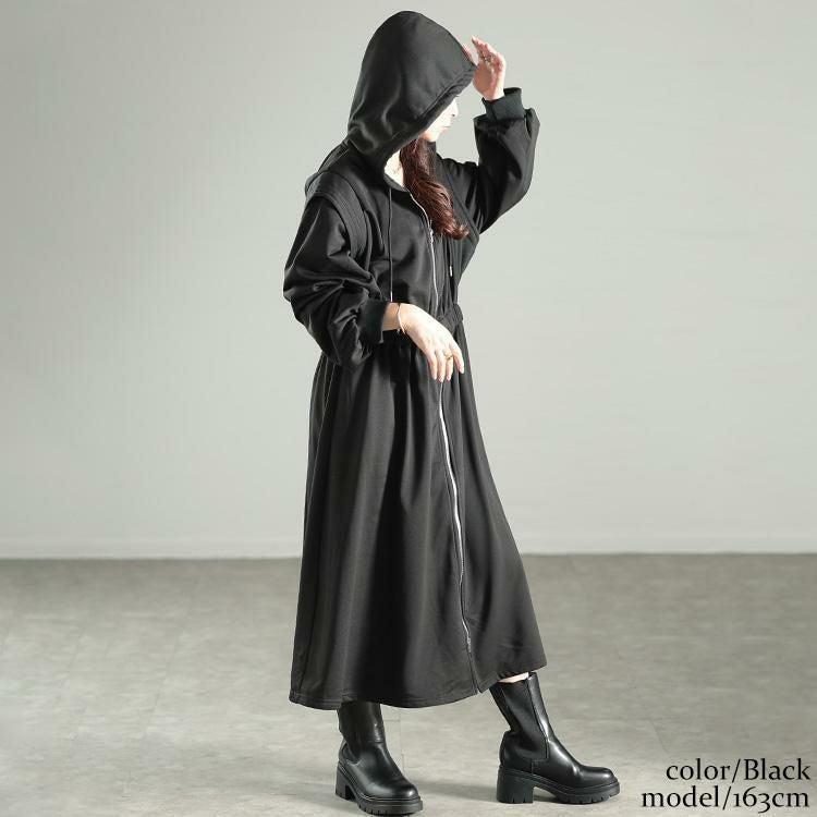 大きいサイズ レディース ウエストギャザーZIPパーカーワンピース　maru-30106 ブラック