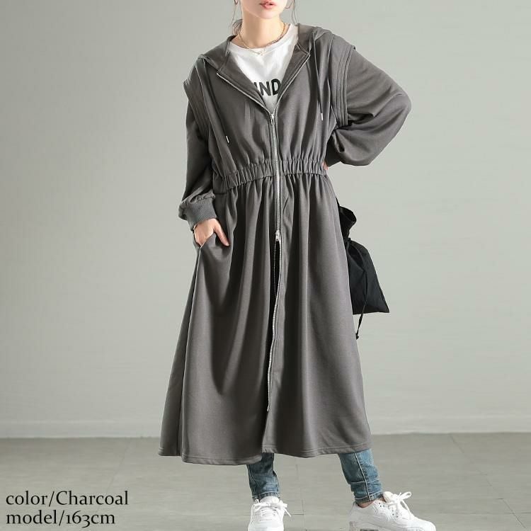 大きいサイズ レディース ウエストギャザーZIPパーカーワンピース maru