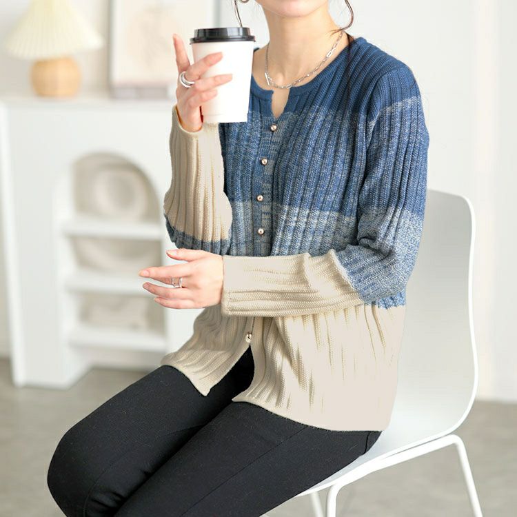 大きいサイズ レディース キーネックグラデーションリブニット　goldy-1638