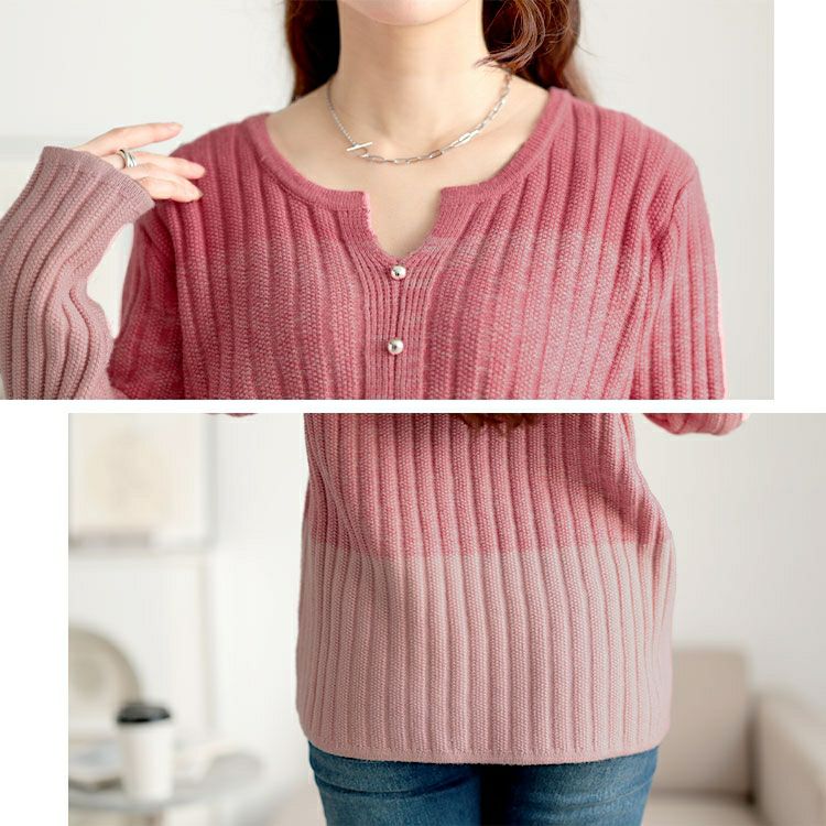 大きいサイズ レディース キーネックグラデーションリブニット　goldy-1638