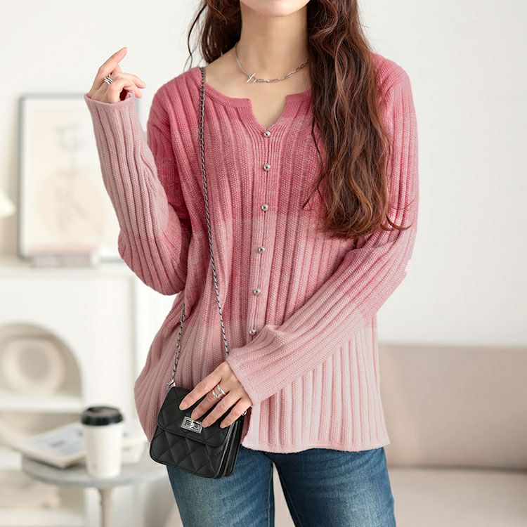 大きいサイズ レディース キーネックグラデーションリブニット　goldy-1638