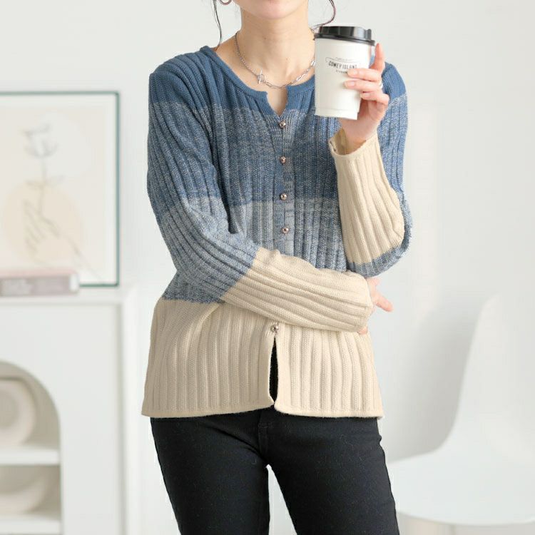 大きいサイズ レディース キーネックグラデーションリブニット　goldy-1638