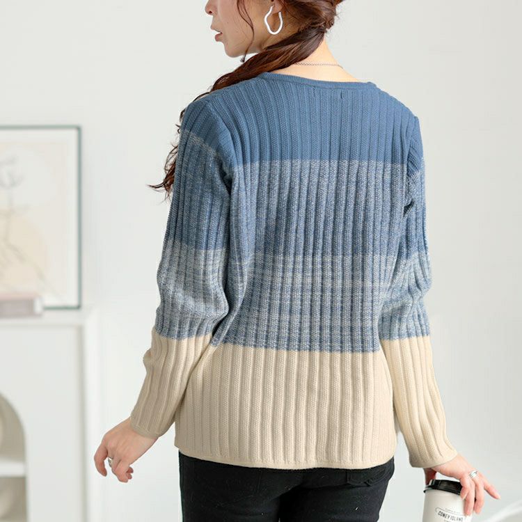 大きいサイズ レディース キーネックグラデーションリブニット　goldy-1638