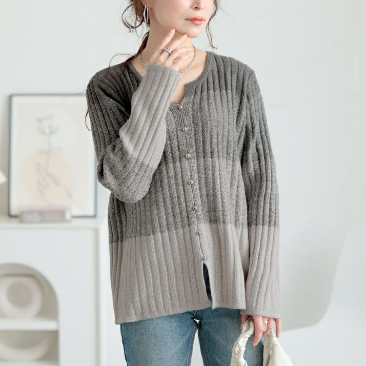 大きいサイズ レディース キーネックグラデーションリブニット　goldy-1638