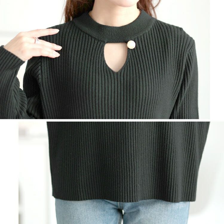 大きいサイズ レディース 胸元カットアウトリブニットトップス　goldy-1637