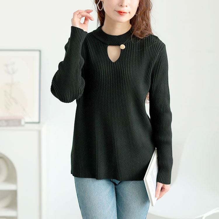 大きいサイズ レディース 胸元カットアウトリブニットトップス　goldy-1637 ブラック