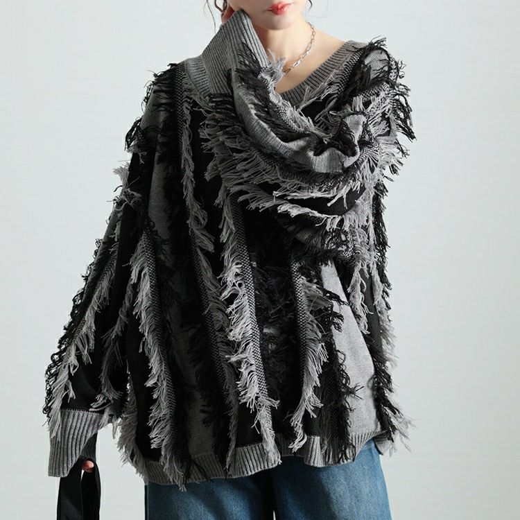 大きいサイズ レディース ストライプフリンジニット　bro-0063